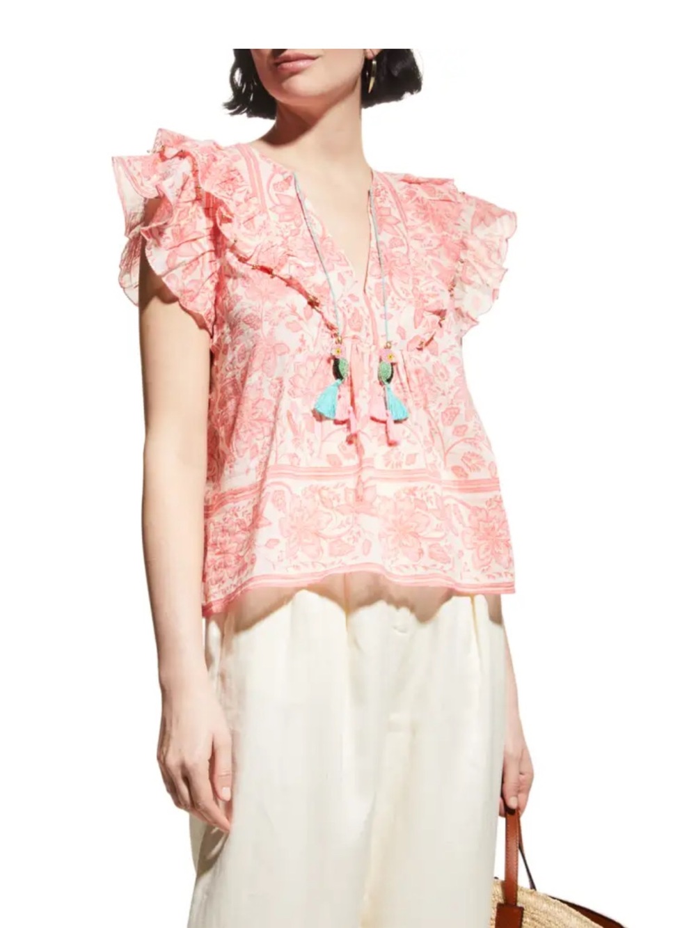 Alicia Bell Kiara Floral-Print Flutter-Sleeve Top M beaded bird silk cotton boho